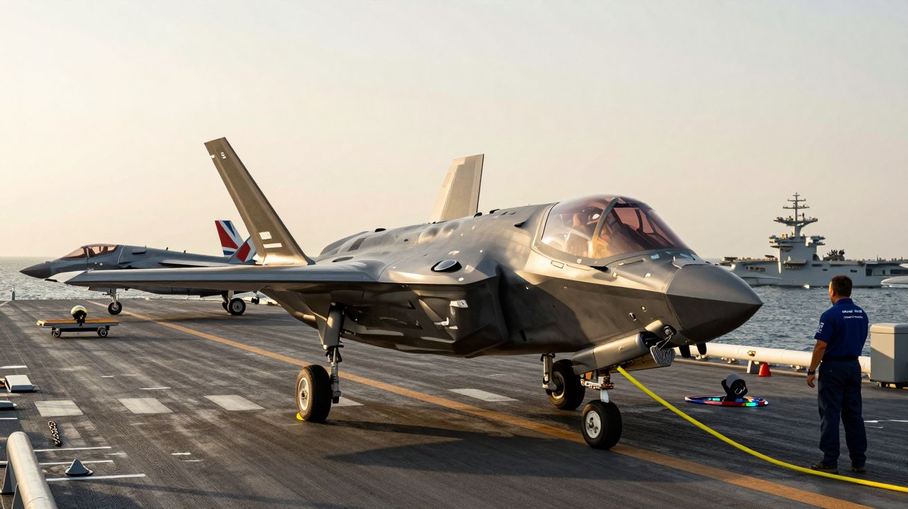 Avião de combate em porta-aviões com marinheiro ao lado e outro jato ao fundo, ao amanhecer.