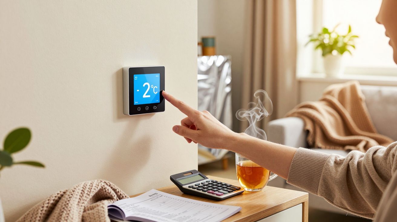 Pessoa ajusta termóstato digital na parede. Mesa com chá, calculadora e caderno ao lado.