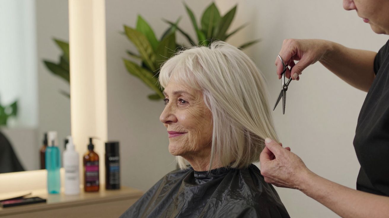 Mulher idosa com cabelo branco a ser cortado por cabeleireira num salão.