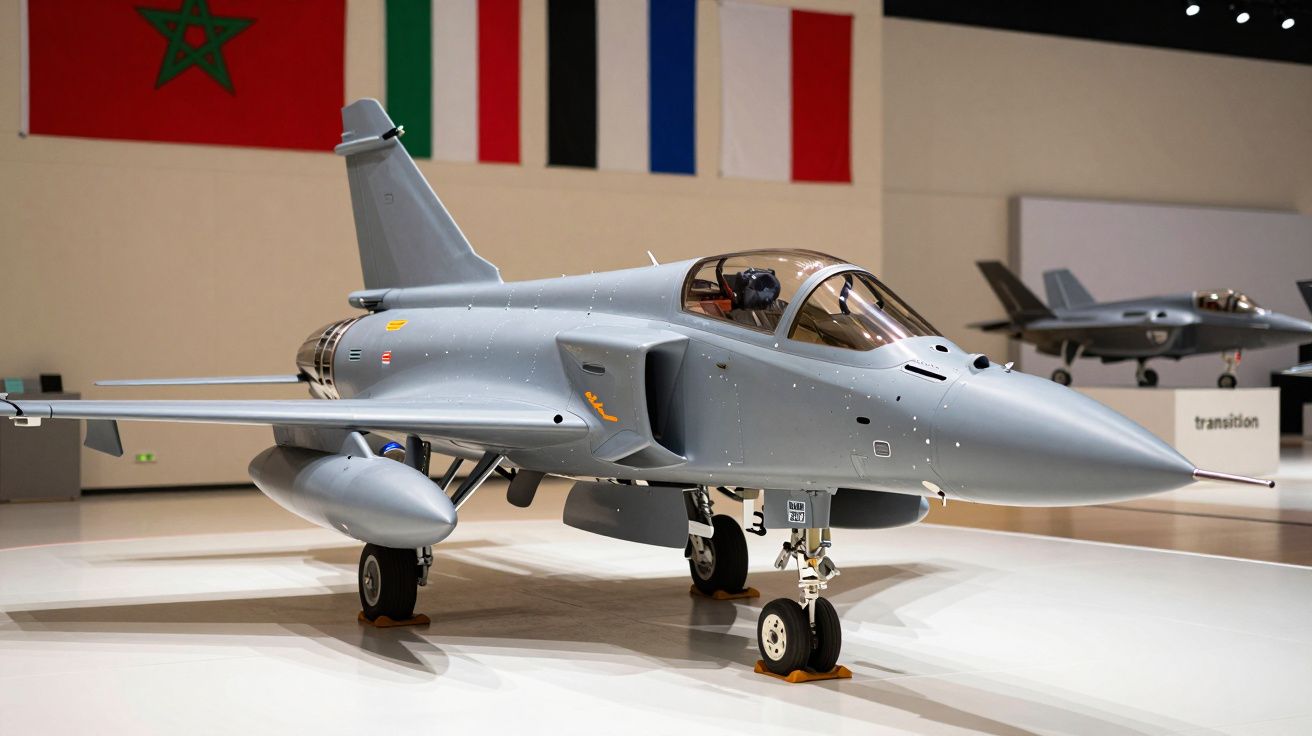 Avião de combate cinza em exposição, com bandeiras ao fundo.