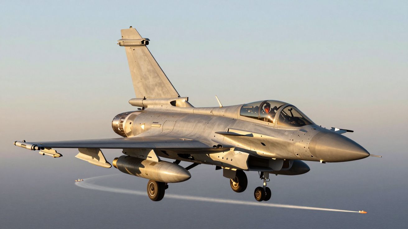 Avião de combate em voo com céu claro ao fundo.