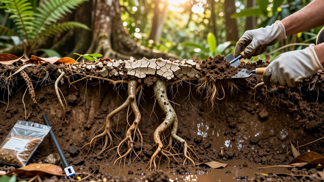 Mãos escavam solo revelando raízes de árvore numa floresta, com ferramentas e sacos de amostras ao lado.