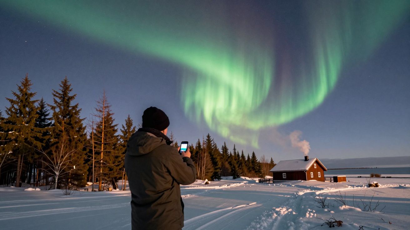Pessoa a fotografar aurora boreal verde sobre casa de madeira e floresta nevada.
