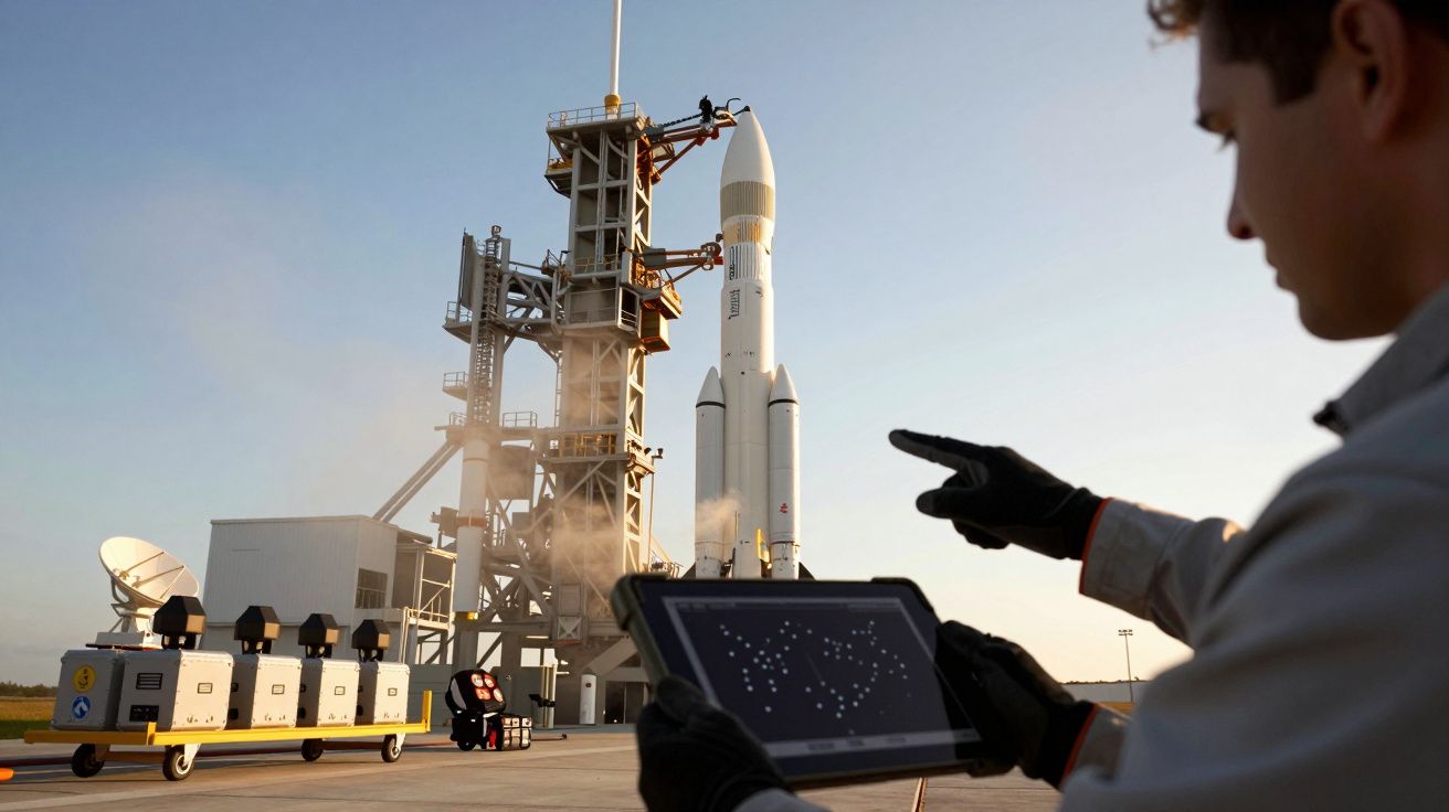 Técnico com tablet observa foguetão na plataforma de lançamento, com equipamento de suporte ao redor.