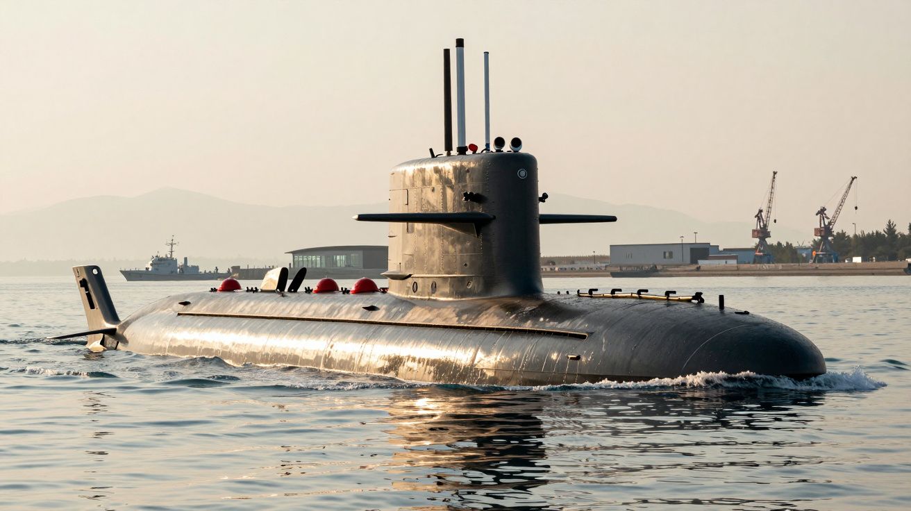 Submarino em superfície navegando próximo a um porto industrial ao entardecer, com guindastes ao fundo.