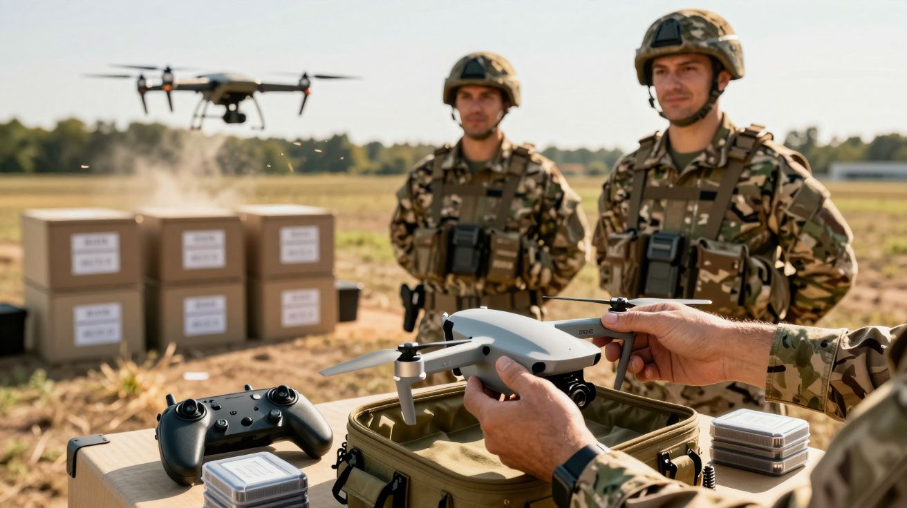 Soldados em trajes camuflados preparam drones ao ar livre, com caixas ao fundo.