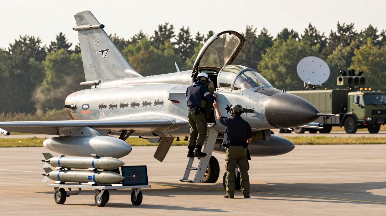 Dois pilotos preparam-se para entrar num jato militar estacionado numa base aérea, com equipamento de apoio no solo.