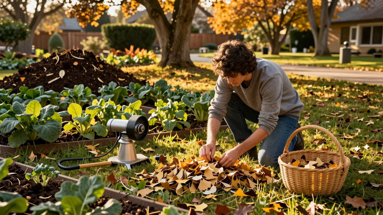 Homem em horta, ajoelhado, recolhe folhas cortadas ao lado de panela e cestinho de vime, com folhas no chão.