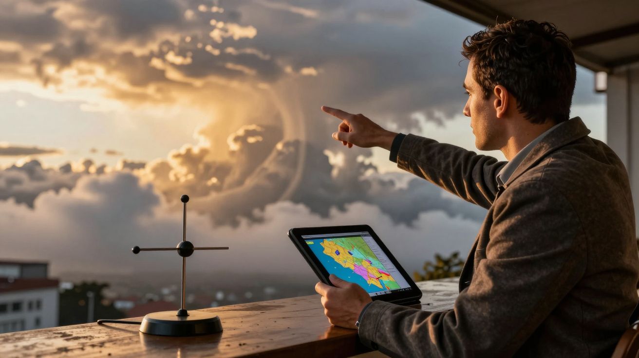 Homem aponta para o céu nublado enquanto segura tablet com mapa meteorológico, observando a tempestade.