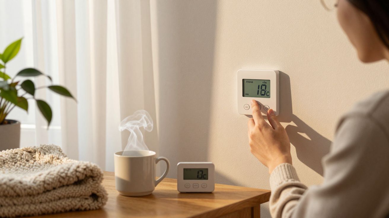 Pessoa ajustando termostato na parede, chá fumegante e cobertor numa mesa ao lado, ambiente acolhedor.