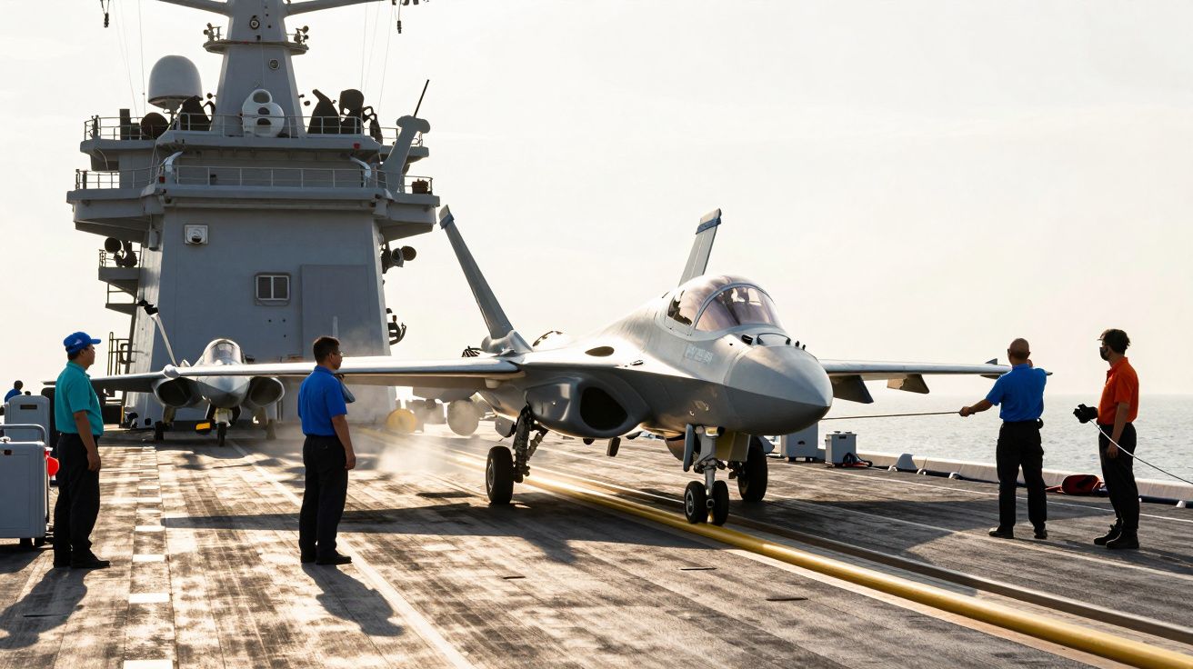 Avião militar em porta-aviões com tripulação em preparação para decolagem, mar ao fundo.