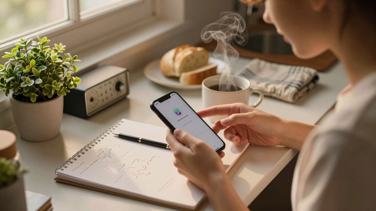 Mulher usando smartphone à mesa com chávena de café, caderno e planta ao fundo.