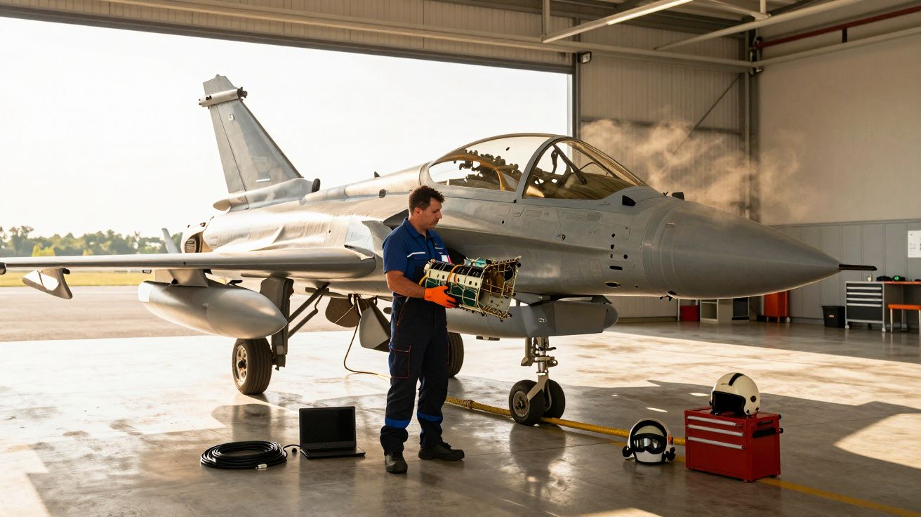 Técnico examina equipamento ao lado de um avião de combate cinza num hangar iluminado, com ferramentas ao redor.