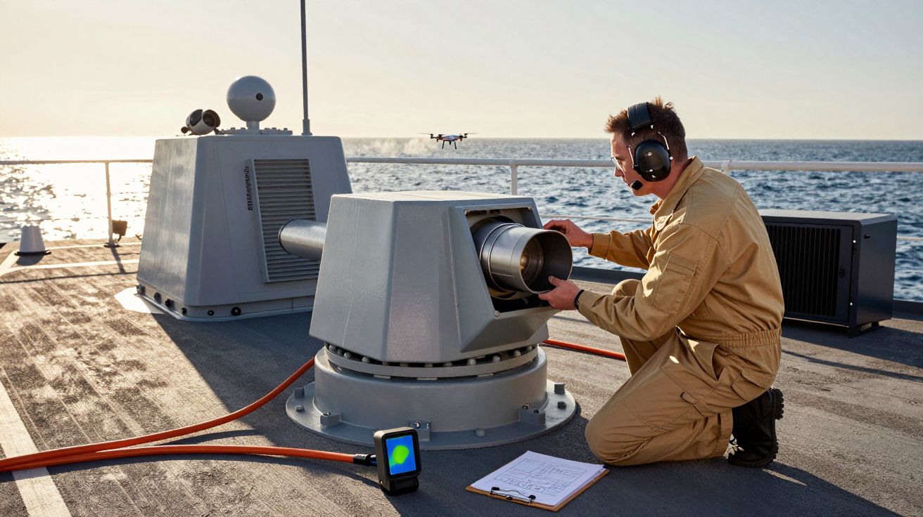 Técnico em navio ajusta equipamento com drone ao fundo, vestindo macacão e protetor auricular.