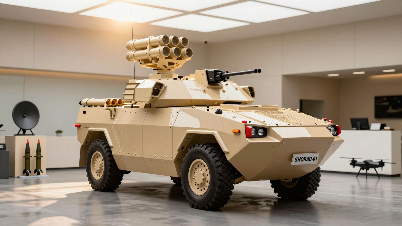 Veículo militar blindado bege com lançador de mísseis no topo, exibido num showroom.