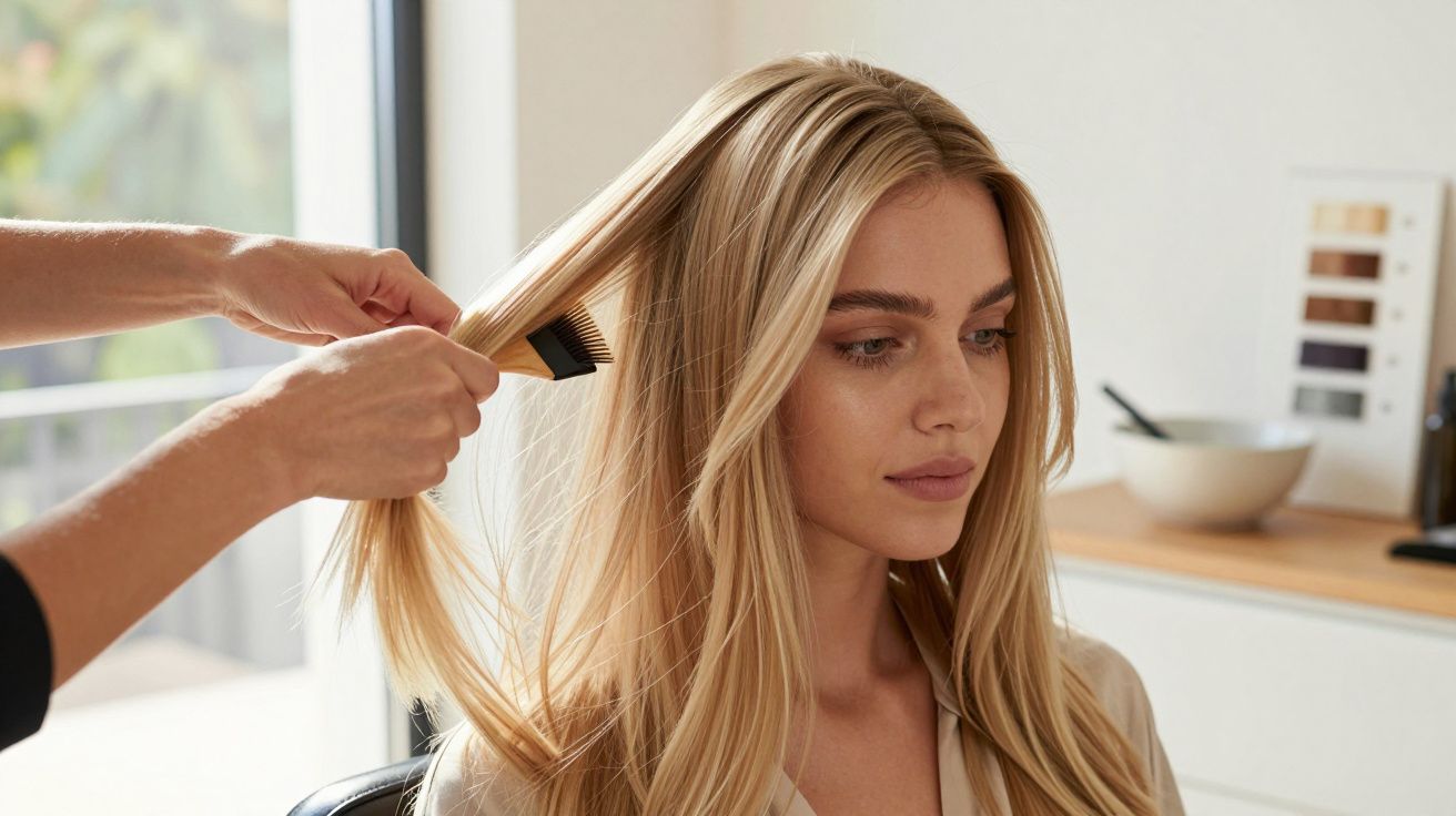 Cabeleireiro a pentear cabelo loiro de uma mulher num salão moderno.