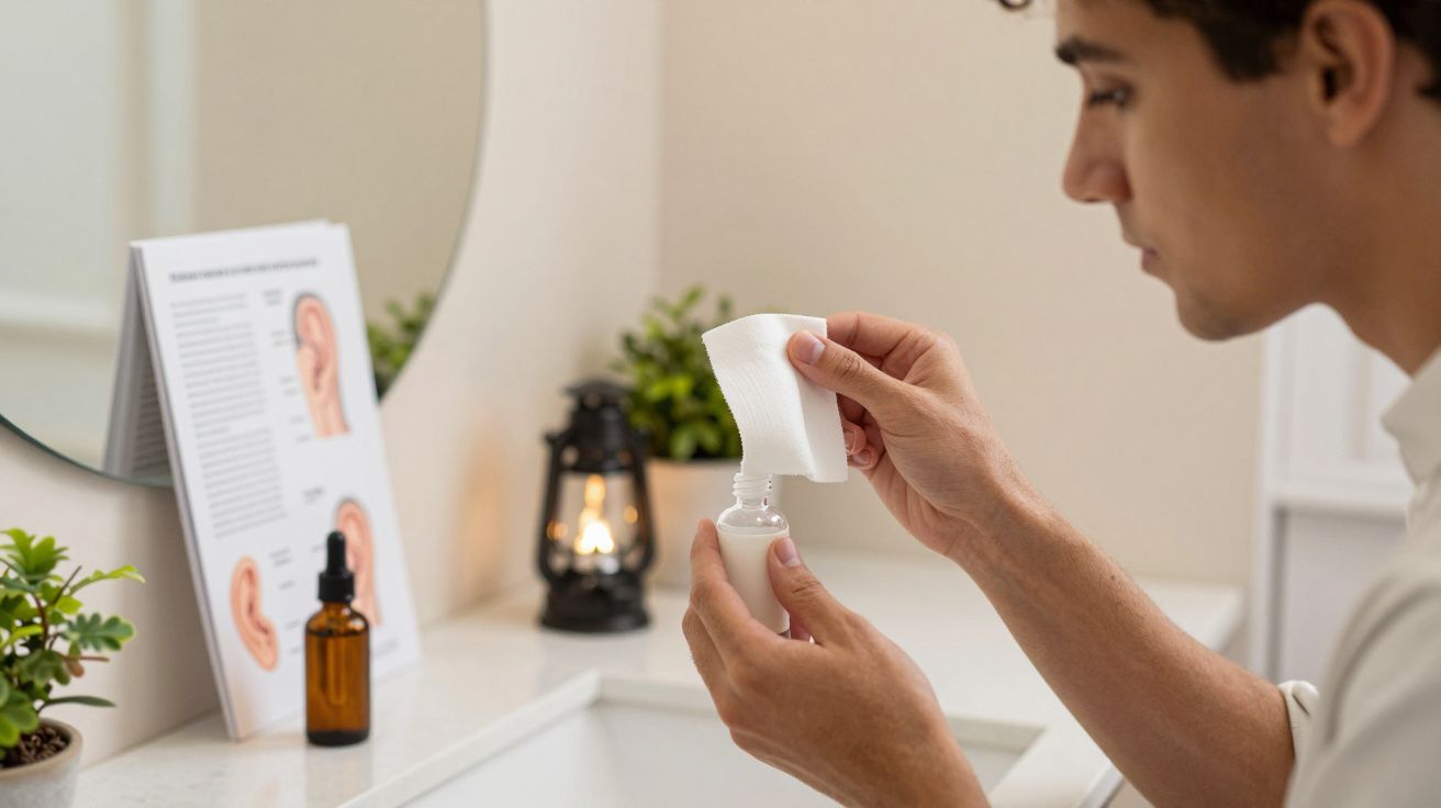 Homem segurando frasco de gotas próximo ao ouvido, de pé em frente a um espelho.