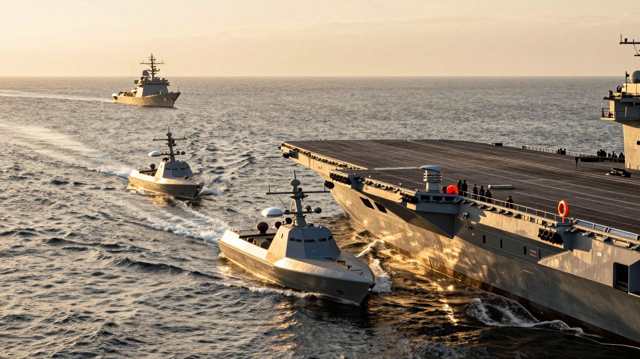 Três navios militares no mar ao pôr do sol, com um porta-aviões à direita e dois barcos mais pequenos ao lado.