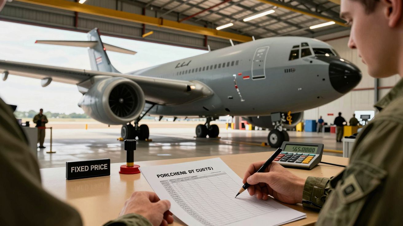 Dois militares analisam custos num hangar com um jato cinzento ao fundo. Um escreve enquanto outro observa a folha.