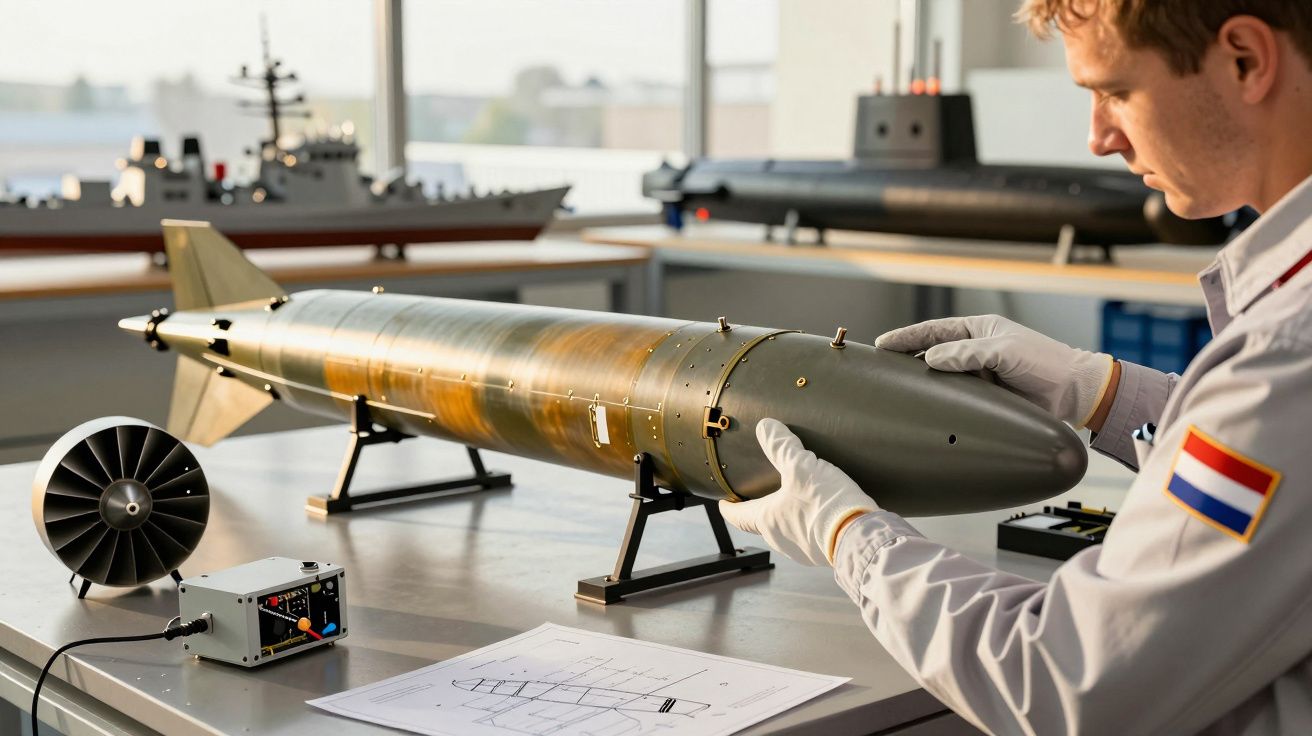 Homem examina miniatura de torpedo em mesa de oficina com modelos de navios de guerra ao fundo.