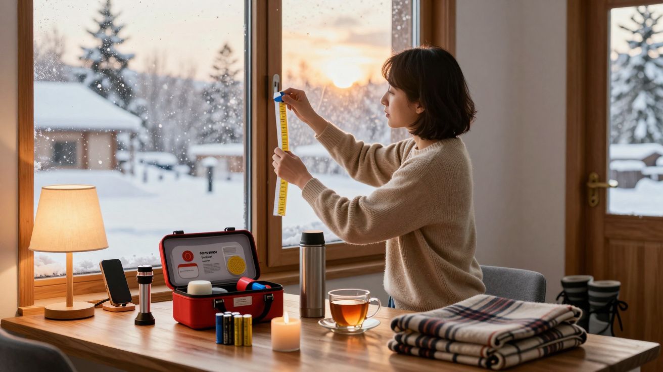 Mulher mede janela enquanto neva lá fora, numa sala acolhedora com chá, cobertores e luz suave.