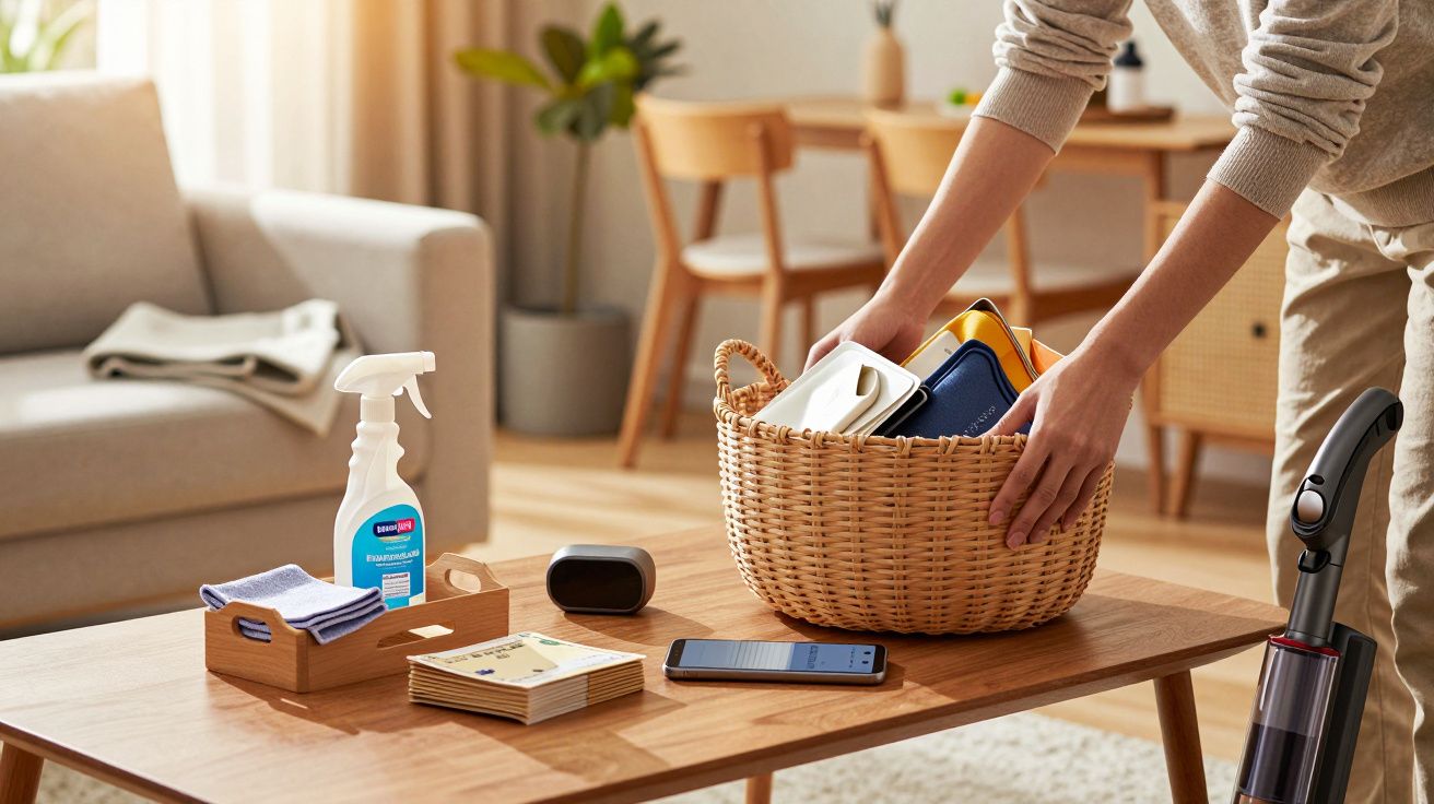 Pessoa arruma itens numa cesta sobre mesa de madeira, com sprays, livros e aspirador de pó ao redor numa sala moderna.
