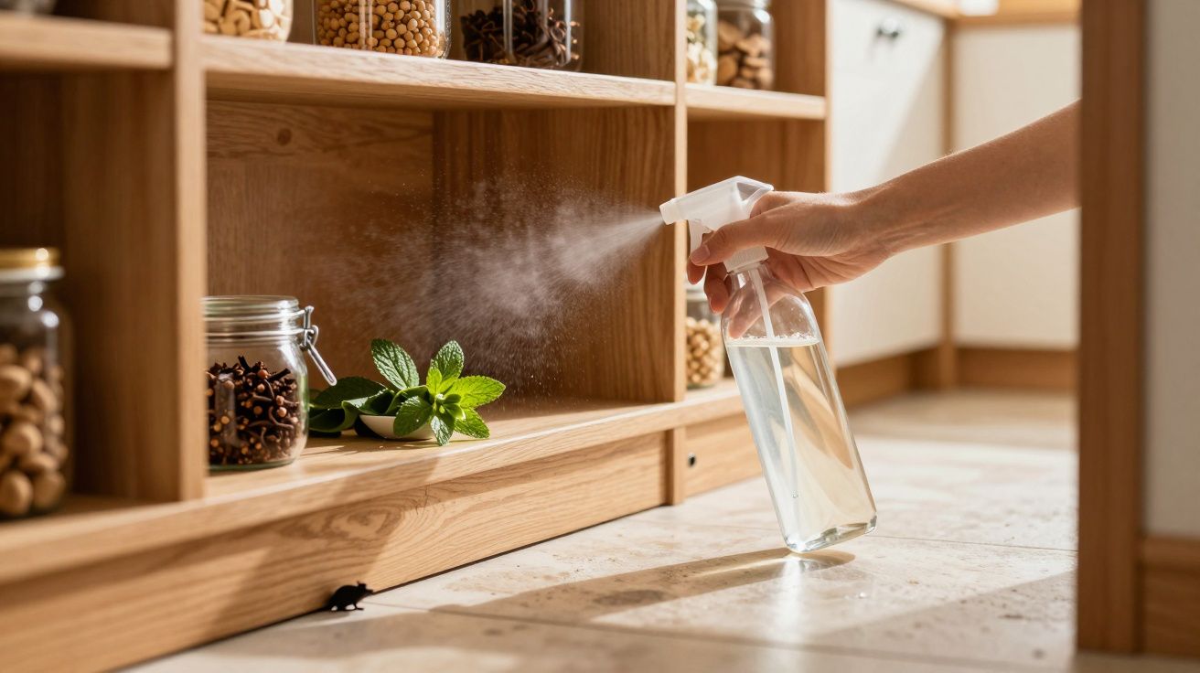 Mão a pulverizar um spray junto a prateleira de madeira com frascos de alimentos e folhas verdes, num ambiente de cozinha.