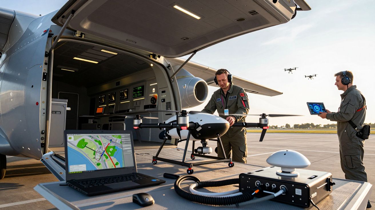 Militares preparam drones de vigilância numa base aérea, com um avião e equipamento de controlo ao fundo.