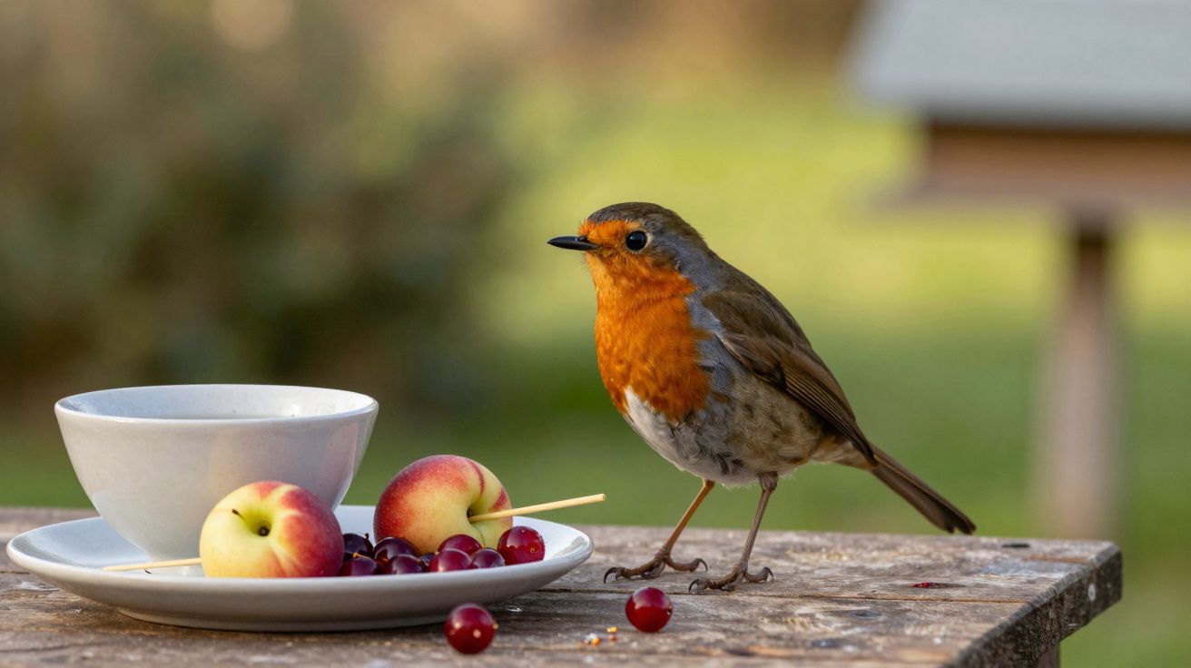Pisco-de-peito-ruivo ao lado de frutas e uma chávena em cima de uma mesa de madeira ao ar livre.