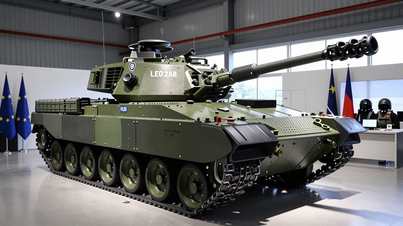 Tanque militar verde em exibição num espaço fechado, com bandeiras da União Europeia ao fundo.