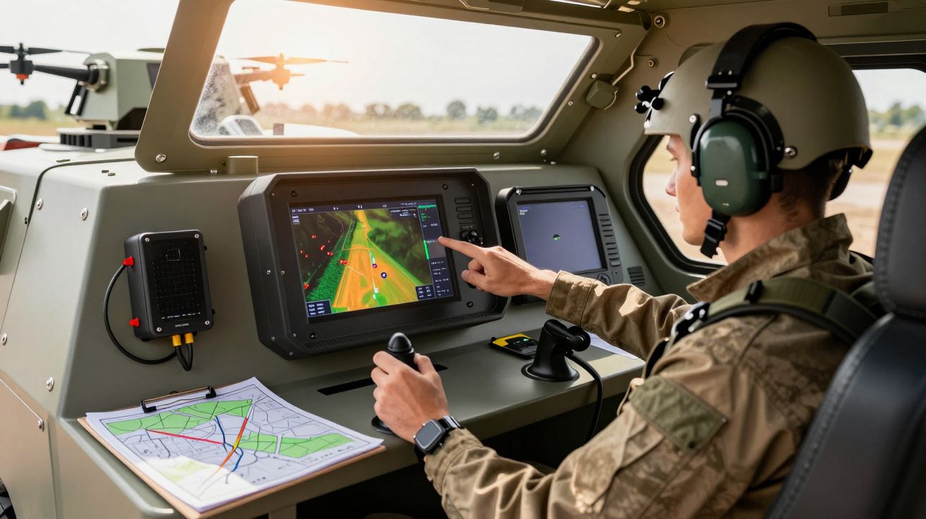 Militar a operar um drone a partir de um veículo com joystick e ecrã de navegação. Mapas e auscultadores visíveis.