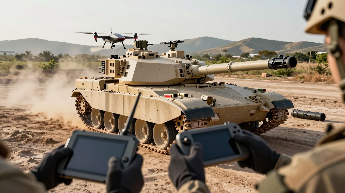 Tanque em terreno arenoso controlado remotamente por militares; drone voa acima.