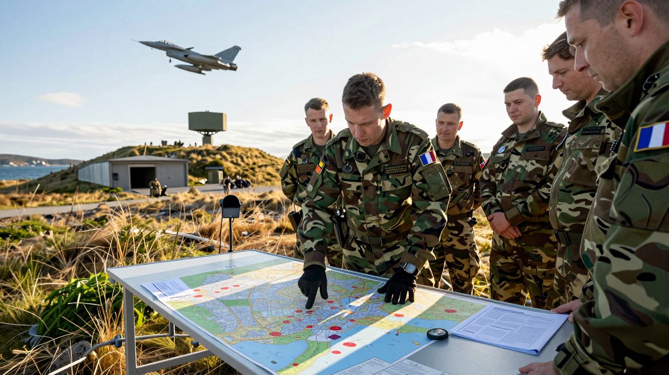 Grupo de militares em uniformes camuflados analisa mapa em campo aberto, enquanto avião passa no céu ao fundo.