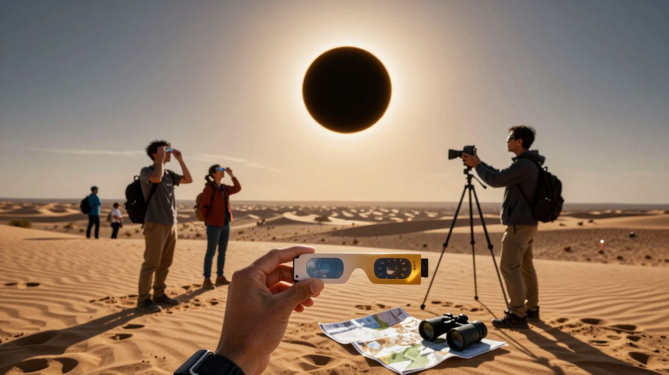 Pessoas observam eclipse solar no deserto; uma mão segura óculos de proteção, mapa e binóculos no chão.