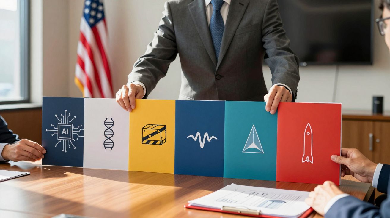 Homem segurando painel com ícones de tecnologia, genética, construção, áudio, navegação e foguete numa reunião.