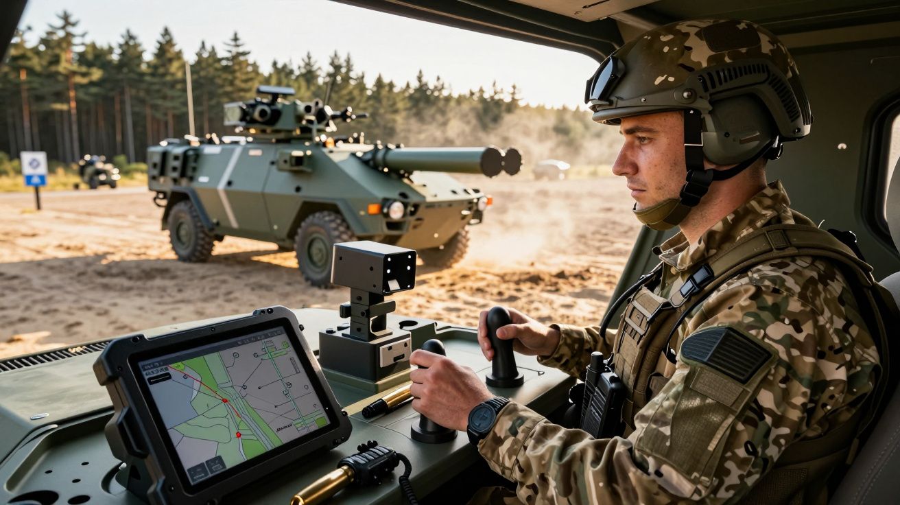Soldado de capacete opera veículo militar com tablet de controlo; tanque no fundo; cenário de floresta.
