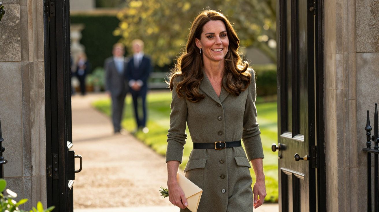 Mulher sorridente de cabelo castanho em vestido bege segura envelope, caminhando em jardim com portões abertos.