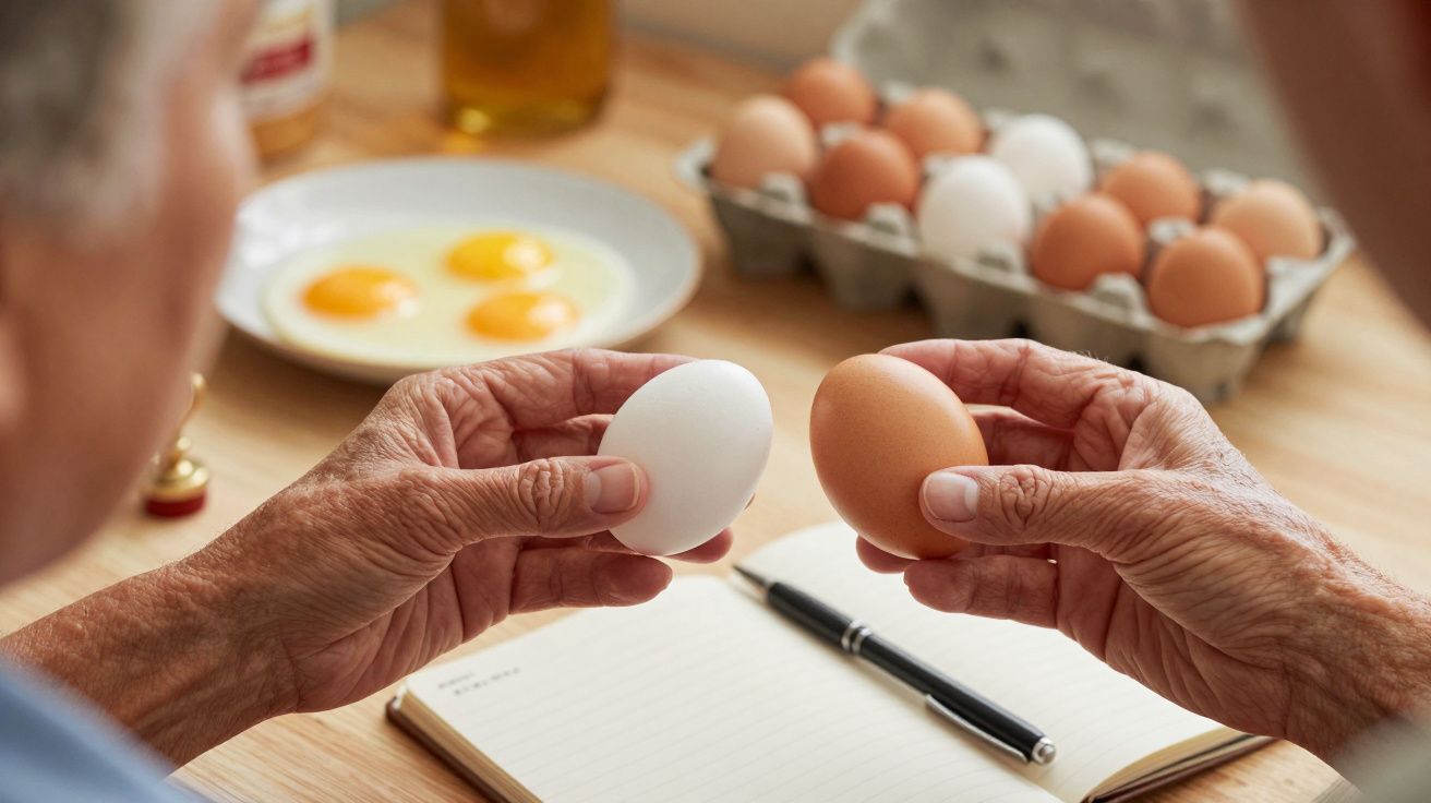 Mãos seguram ovos branco e castanho, com ovos no fundo e caderno aberto na mesa.
