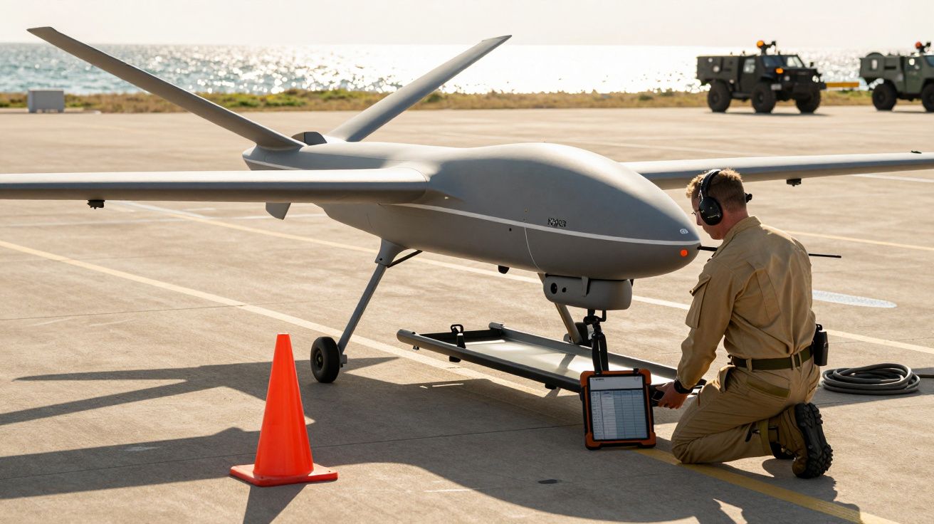 Homem operando drone cinza numa pista, perto do mar, com auscultadores e equipamento no chão.