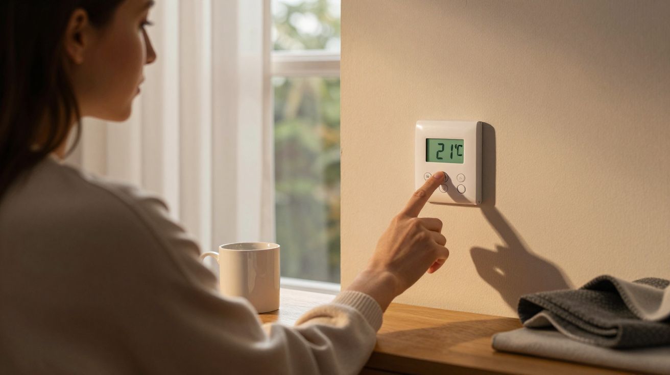 Mulher ajusta termostato na parede com a temperatura a 21°C; à esquerda, janela e chávena em cima de uma mesa.