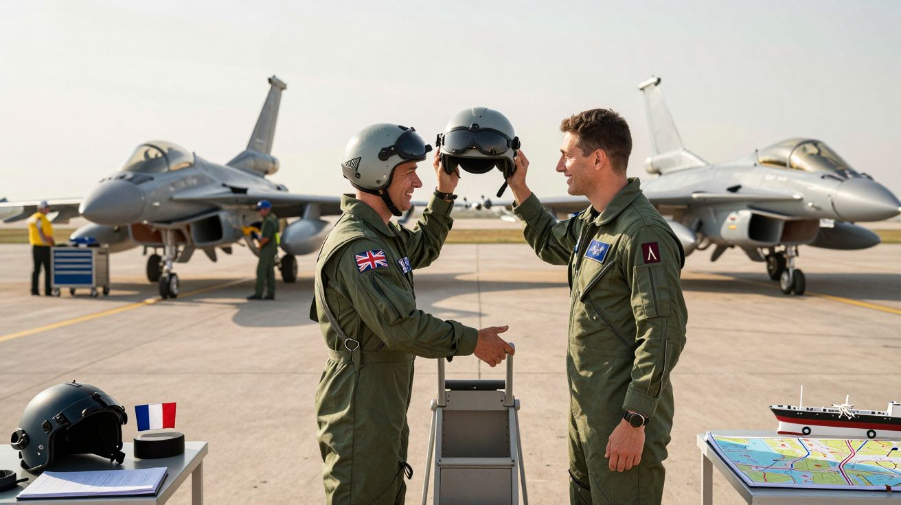 Dois pilotos de caça a sorrir e a cumprimentar-se em frente a dois jatos, com capacetes na mão.