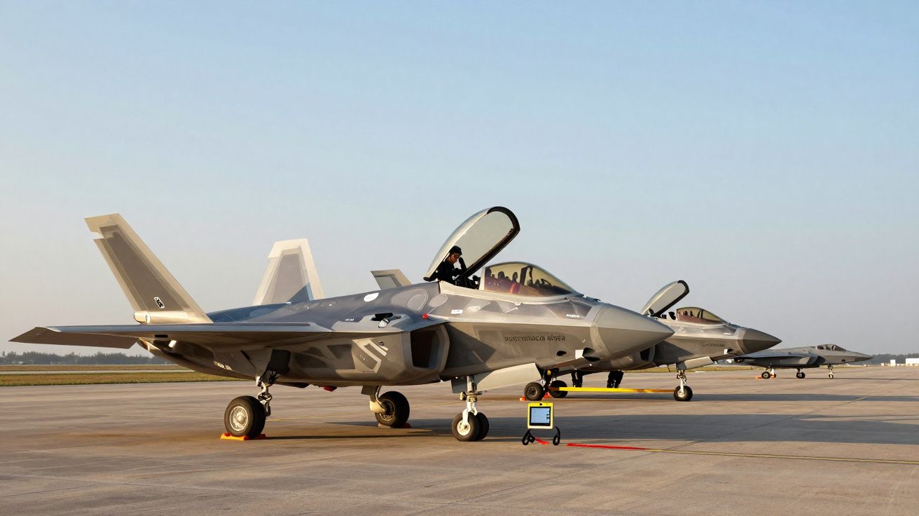 Três caças estacionados em linha numa pista de aviação com céu limpo ao fundo.