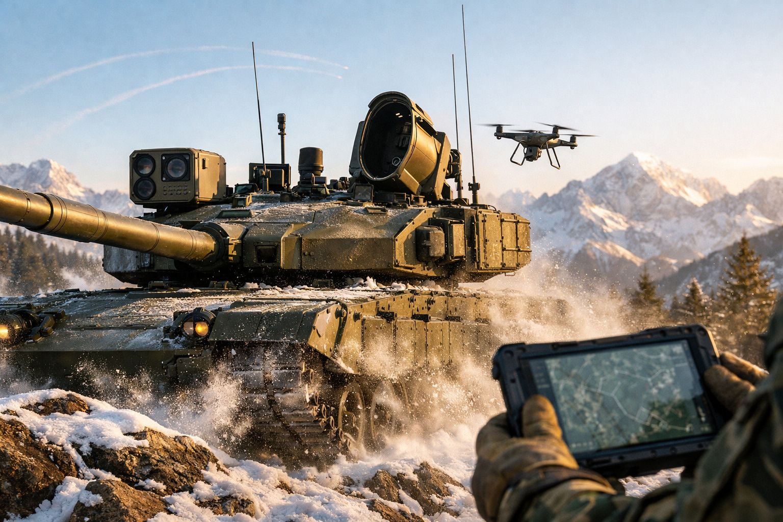 Tanque verde num cenário de neve com operador a controlar um drone. Montanhas ao fundo.