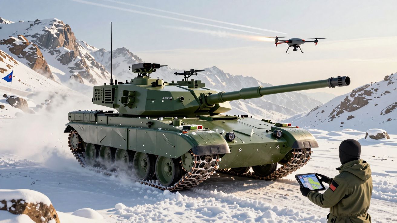 Tanque militar verde em terreno nevado, com um drone sobrevoando e um operador com tablet controlando. Montanhas ao fundo.