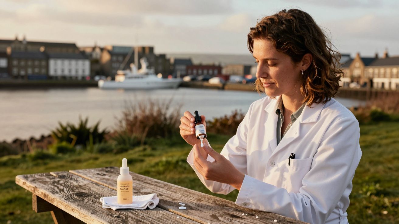 Pessoa com jaleco branco mistura substância em frasco, sentada em mesa de piquenique, com rio e casas ao fundo.