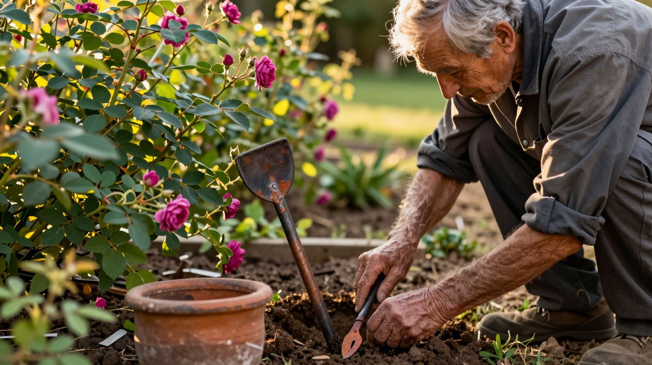 Idoso a jardinar, cuidando de rosas num jardim, com pá e vaso ao lado.