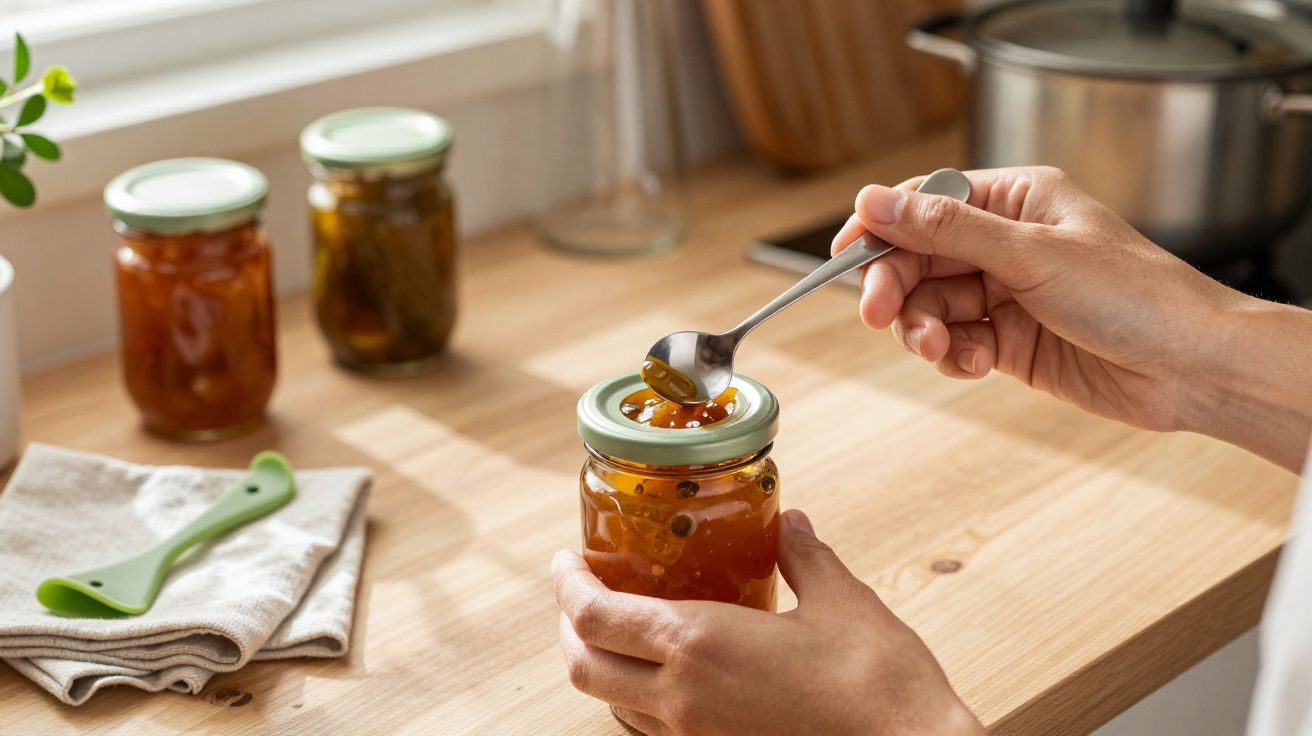 Mão segurando uma colher com doce em frasco de vidro na bancada da cozinha, ao lado de toalha e frascos ao fundo.