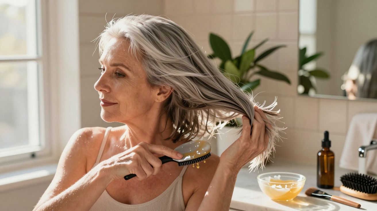 Mulher madura escova o cabelo prateado na casa de banho, rodeada por plantas e artigos de cuidados pessoais.
