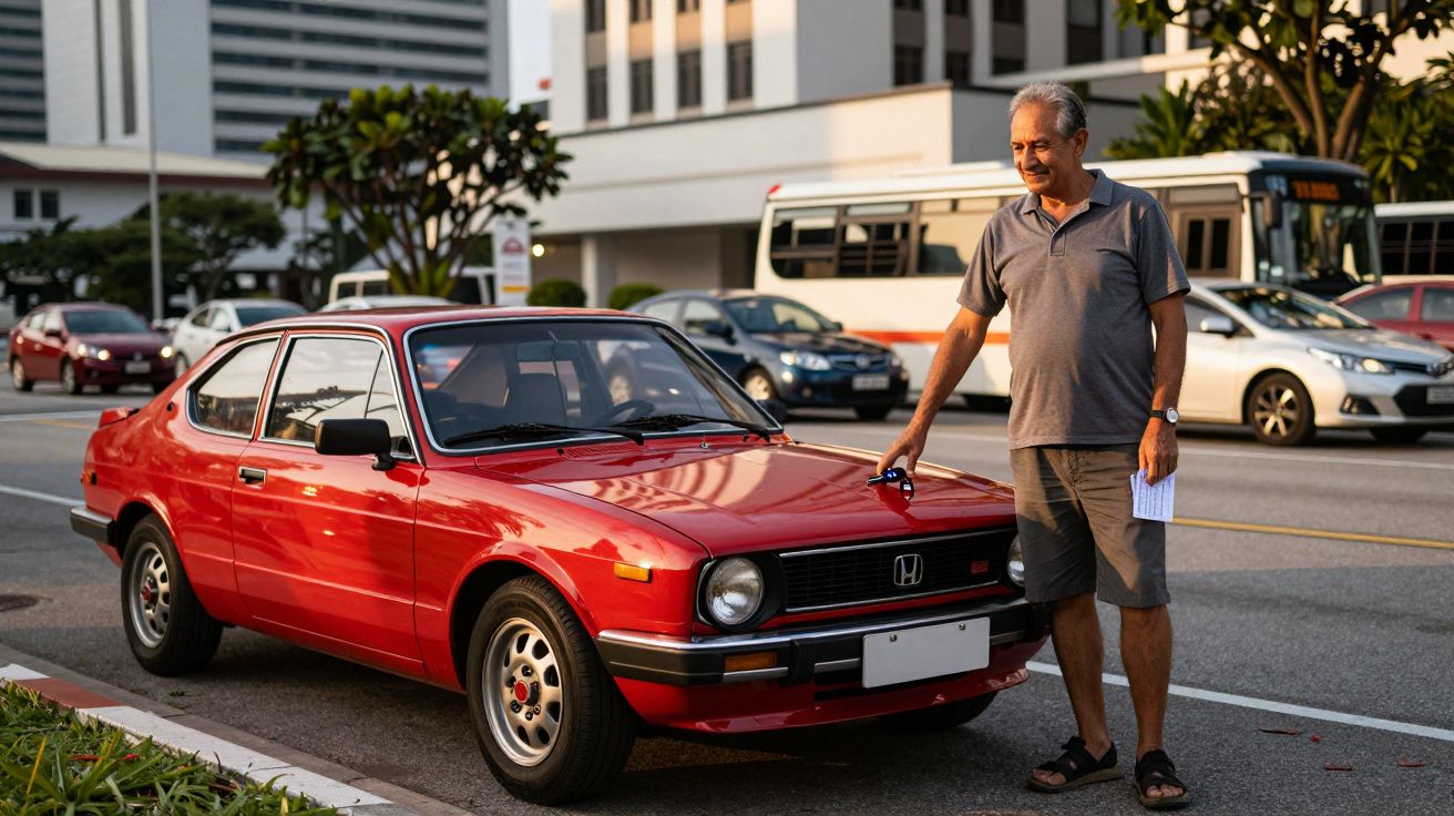 Homem ao lado de carro clássico vermelho em rua movimentada, segurando chave e papel, com prédios ao fundo.