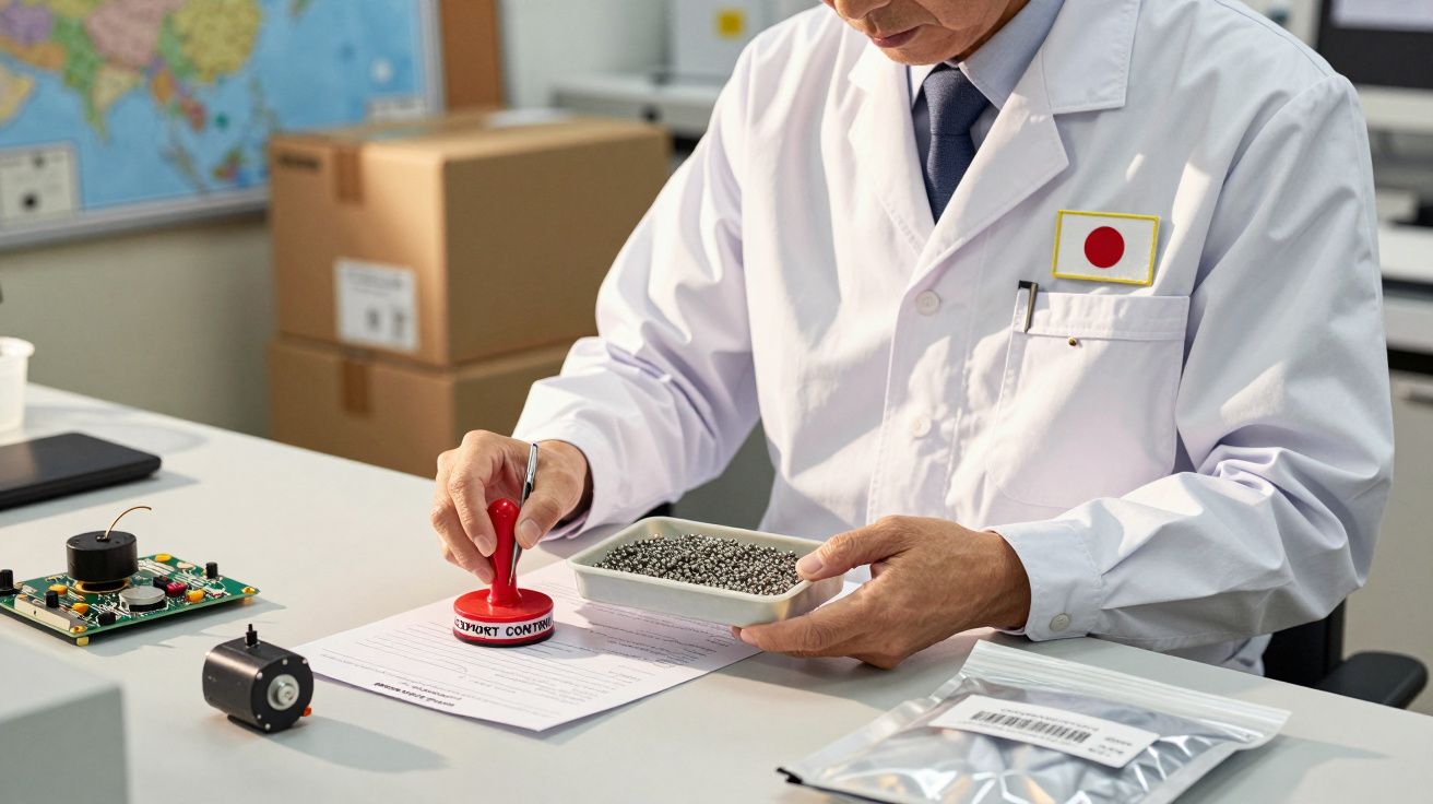 Homem de jaleco branco carimba documento com designação "product control" em laboratório.